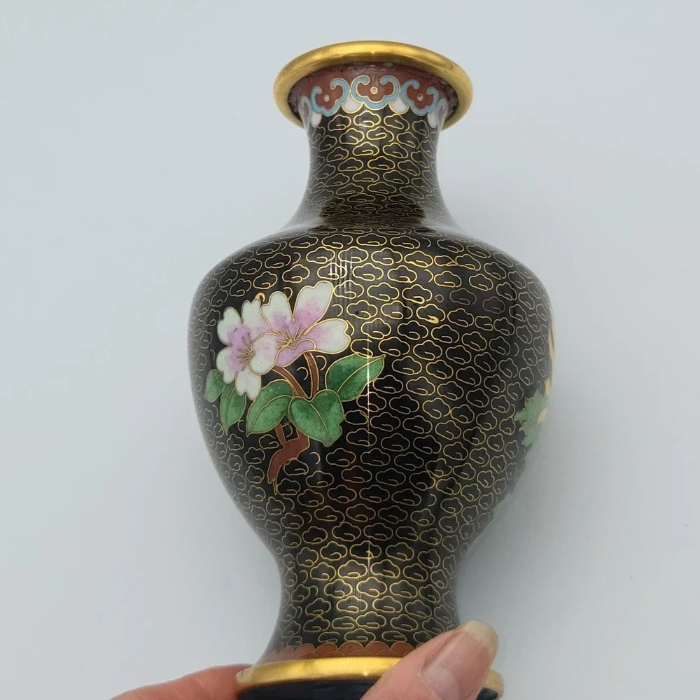 Chinese Cloisonne Bud‎ Vase Black Pink Floral Clouds Enamel Brass MCM 6.25